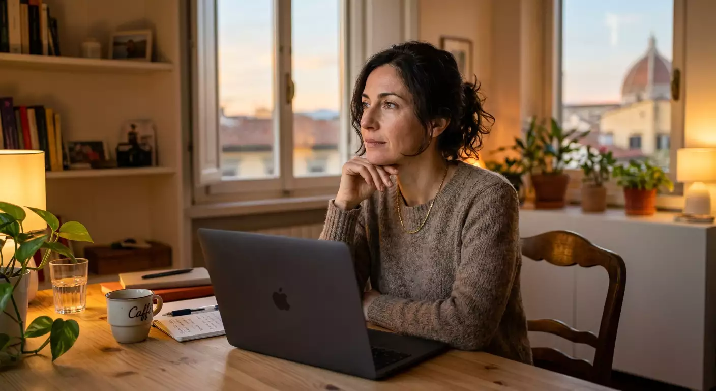 Persona pensierosa davanti a un laptop che riflette sul proprio rapporto con il gioco