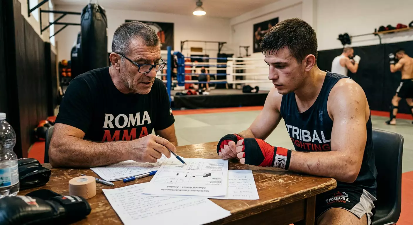 Allenatore e fighter di MMA studiano insieme i dati di un avversario prima dell'incontro